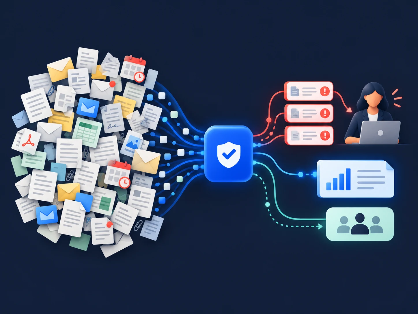 A large volume of mailed and digital records is processed by Community Cover, leaving a few exceptions for manager judgment and a clear board report.